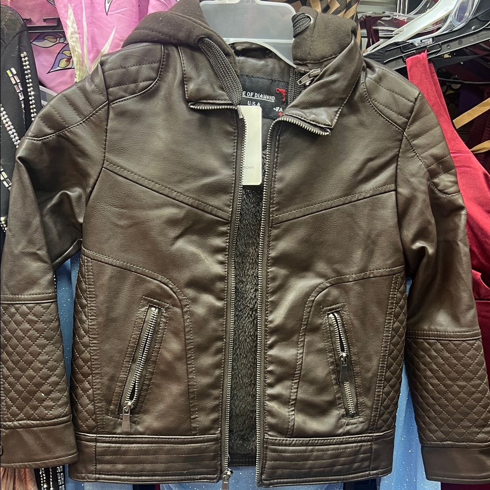 Brown Faux Leather Jacket with Quilted Sleeves